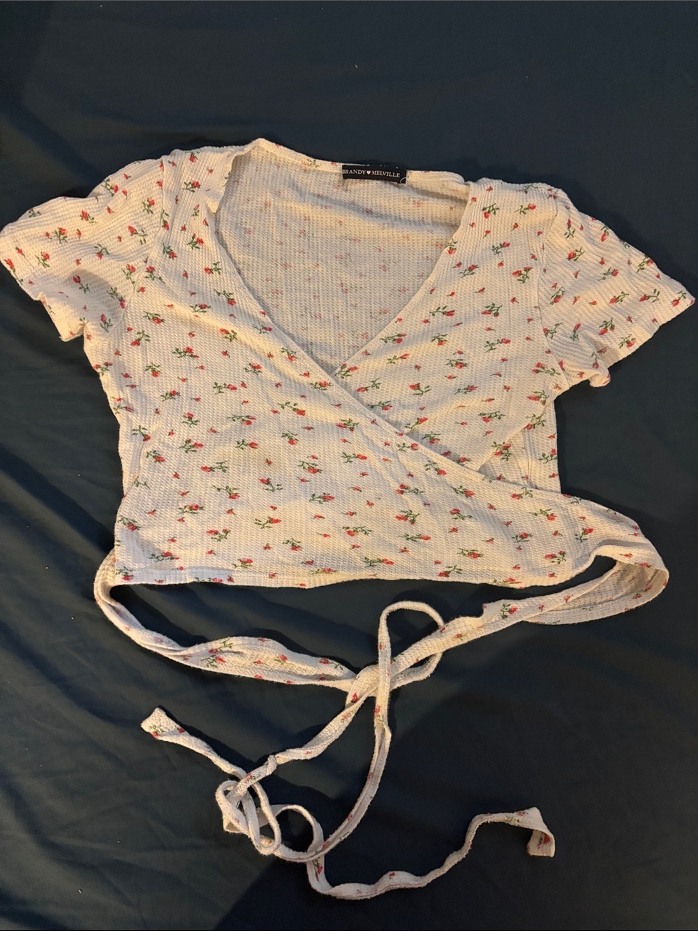Brandy Melville White Floral Wrap Tie Crop Top